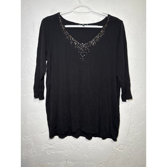 Eileen Fisher black sequin 100% silk 3/4 sleeve top womens large luxury career - Picture 1 of 8